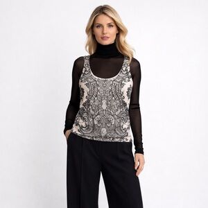Neiman Marcus Cashmere Black and Cream Lace Design Top